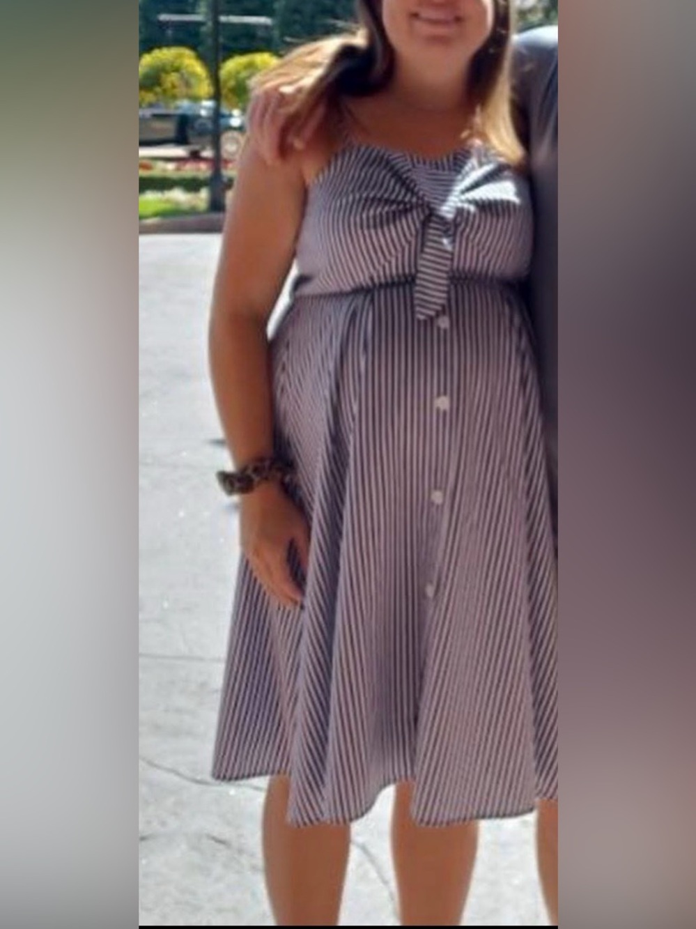 Maacie Maternity Dress-Medium Blue White Stripe Bow Front Midi - Picture 6 of 7